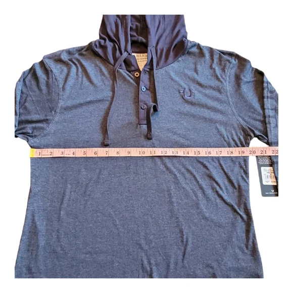 True Religion Hooded Henley Shirt Dark Blue Heathered Cotton Blend Size Medium